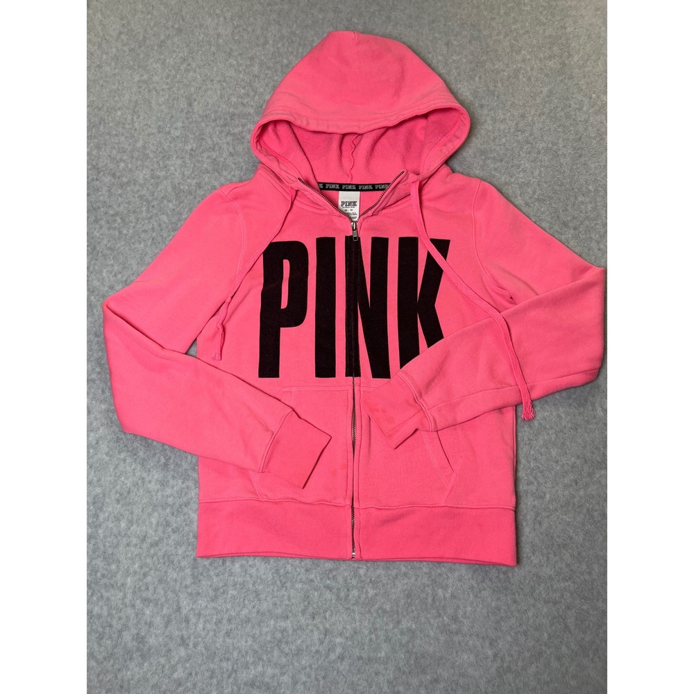 Victoria Secret PINK Y2K Zip Up Hoodie Pink Black Logo Barbiecore XS